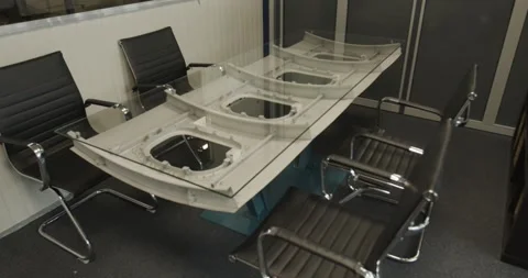 Aircraft Cabin Window Frames Under Glass Table, Meeting Room Display, Slow Pan Stock Footage 340305625