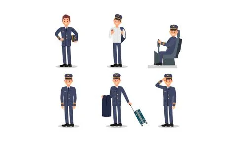 Aircraft Captain in Uniform Vector illustration Set Stock Illustration