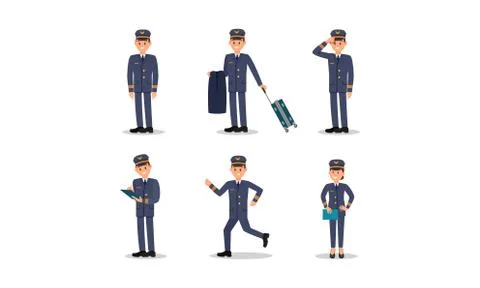 Aircraft Captain in Uniform Vector illustration Set Stock Illustration