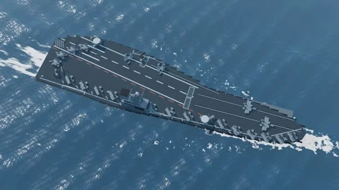 Aircraft carrier flight deck plan view from above aerial open ocean blue loo Stock Footage 343736325