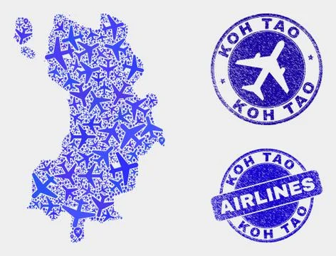 Aircraft Composition Vector Koh Tao Map and Grunge Seals Stock Illustration