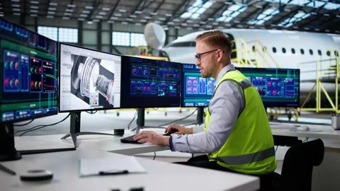 Aircraft Design Engineer Analyzing 3D Computer Screen 스톡 동영상 314515605
