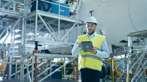 Aircraft Development Engineer wearing Safety Vest Hardhat Uses Digital Tablet Stock Footage