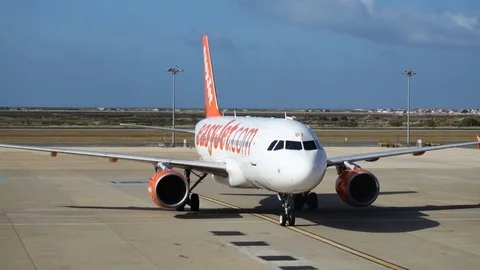 Aircraft of EasyJet on a runway Stock-Footage 76002777