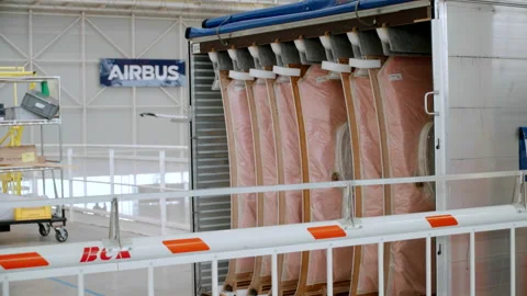 Aircraft emergency exit panels located in a container at the Airbus plant Stockbeeldmateriaal 166351181
