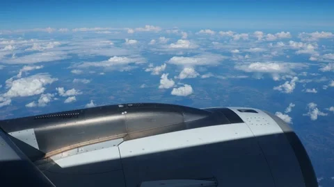 Aircraft engine and wing on the border of atmosphere and space. The edge of the Stockbeeldmateriaal 237716315