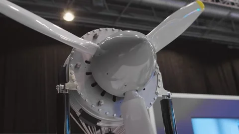 Aircraft engine model. Slow blade rotation. Front view. Stock Footage 249083516
