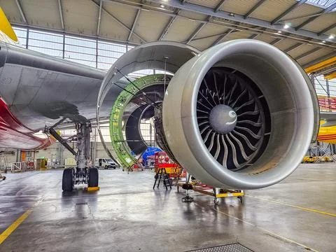 Aircraft engine servicing in hangar, with various tools and equipment visible Stock Photos