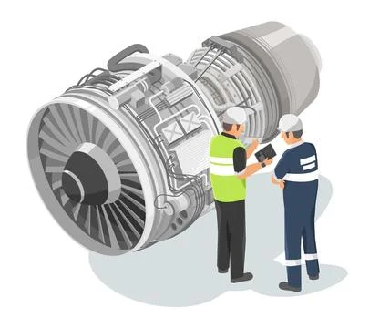 Aircraft engineer technicians planning airplane turbine Stock Illustration