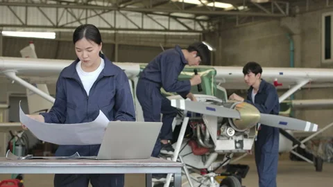 Aircraft engineer using laptop computer discussion in hangar. Video stock 141986129