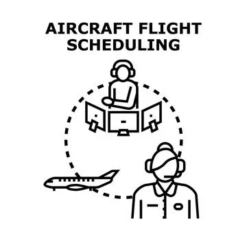 Aircraft flight scheduling process with operators managing planes Stock Illustration