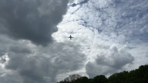 Aircraft flying over Amsterdam Forest park near Schiphol Airport, Netherlands Stockbeeldmateriaal 342759638