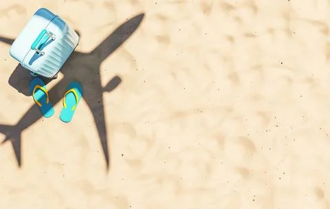 Aircraft flying over sandy beach with suitcase and flip flops Ilustração Stock