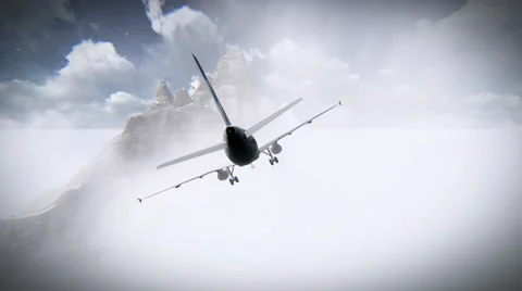 Aircraft flying through the clouds and going against a mountain Stock Footage 41336820