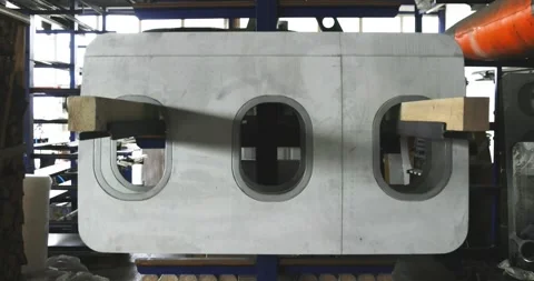 Aircraft Fuselage Section with Three Cabin Windows, Factory Hall, Wide Shot Stock Footage 340306168