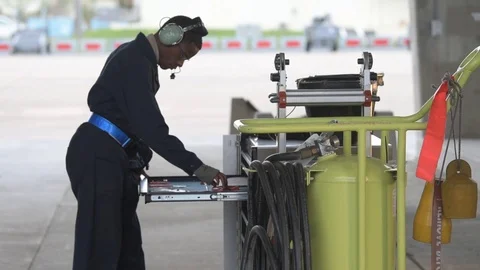 Aircraft ground crew checking toolbox inside hangar Stock Footage 98028900