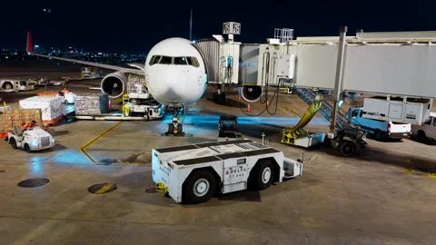 Aircraft ground operations and cargo handling at Paris CDG airport at night Vidéo 328943653