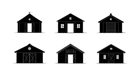 Aircraft Hangar Building Black Solid Silhouettes Set Stock Illustration