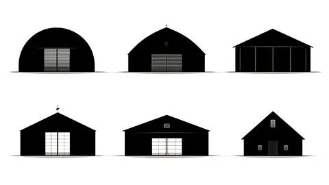 Aircraft Hangar Building Black Solid Silhouettes Set 스톡 일러스트