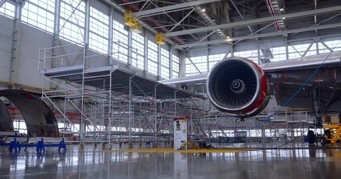 Aircraft hangar. Open engine. Scaffolding system. Stock Footage 87085286