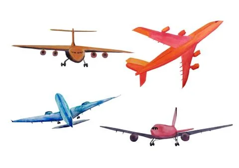 Aircraft icons set. Watercolor illustration. Stock Illustration