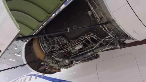 Aircraft Jet Engine Exposed During Maintenance Check In The Airport Hangar. - 動画素材 327883855
