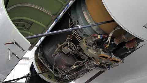 Aircraft Jet Engine in Maintenance for Routine Inspection. Close Up. Stock Footage 129427491