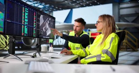 Aircraft Maintenance Engineer Working On Jet Engine Part In Hangar. Foto stock