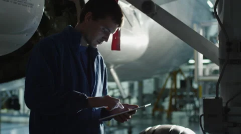 Aircraft maintenance mechanic uses tablet to inspect plane chassis in a hangar Stock-Footage 55674643