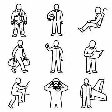 Aircraft mechanic, pilot, and engineer line icons set, black outline on whi.. Stock Illustration