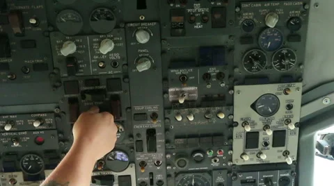 Aircraft panel hand flicks switch 04 Stock Footage 42496834