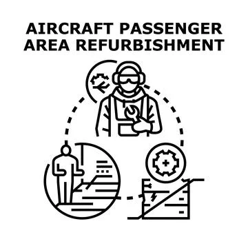 Aircraft passenger area refurbishment vector concept Stock Illustration