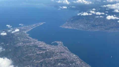 Aircraft plane window view, Sicily separated from Italy by Messina Strait Stock Footage 150777097