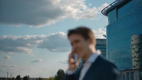 Aircraft taking off. Handsome man dressed formal talking smartphone. Man seeing Stock Footage