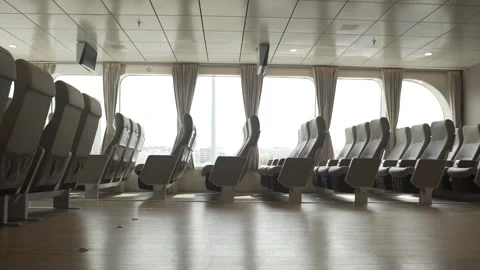 Aircraft type seats in a passenger ferry. Daylight . slow motion Stock Footage 264568942