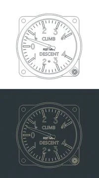 Aircraft vertical speed indicator variometer blueprints Stock Illustration