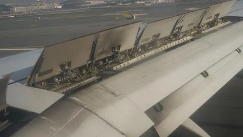 Aircraft wing with extended flaps during landing approach over runway Stock Photos
