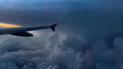 Aircraft Wing Flying in Sky Clouds Lightning Strike Stock Footage 249317322