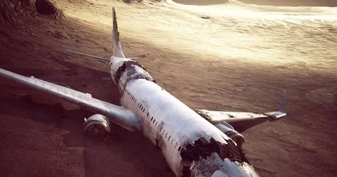 Aircraft wreckage on a desolate landscape under a bright sky Illustrazione stock