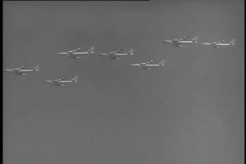 Aircrafts demonstrate acrobatic maneuvers during air show, Oklahoma -1956 Stock Footage 99093759