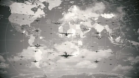 Aircrafts Flying Over World Map, Old Film Effect Video stock 128395673