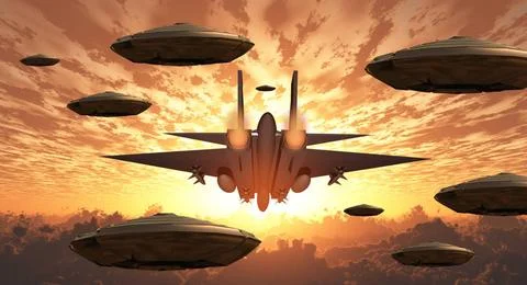 Aircrafts. Flying saucers and military jet plane Sunset. Flying saucers an... Stock Photos