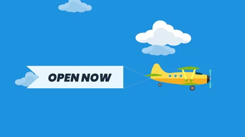 Aircrafts in sky with Open now text banners animation. Stock Footage 255298484