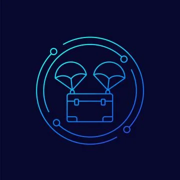Airdrop icon with a box and two parachutes, linear design Stock Illustration