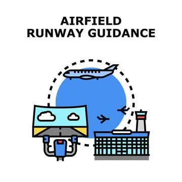 Airfield runway guidance system assisting aircraft takeoff landing Stock Illustration