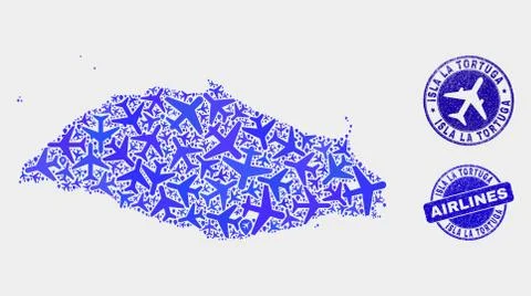 Airflight Collage Vector Isla La Tortuga Map and Grunge Stamps Ilustración de archivo