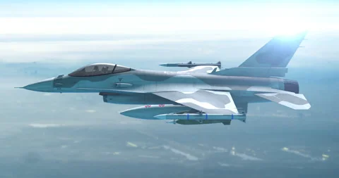 Airforce combat jet flying above mountains and clouds. Video stock 328664298