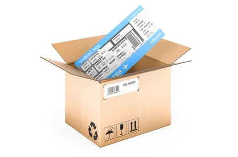 Airline boarding pass ticket inside parcel, 3D rendering Stock-Illustration