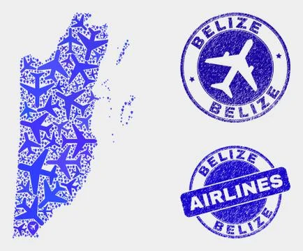 Airline Collage Vector Belize Map and Grunge Seals Stock Illustration