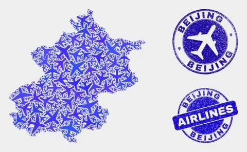 Airline Composition Vector Beijing City Map and Grunge Stamps 스톡 일러스트
